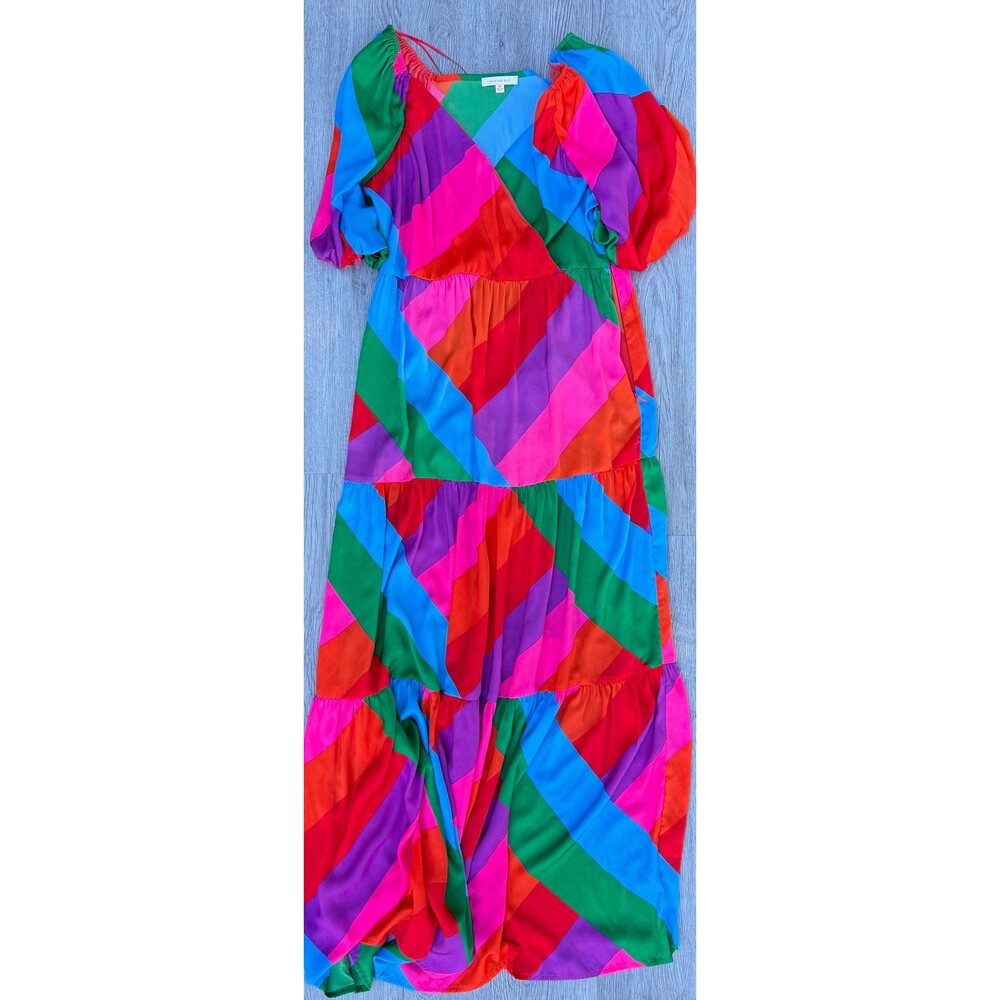 Streets Are Blue Multicolor Maxi Dress – Puff Sleeve Tiered A-Line size medium